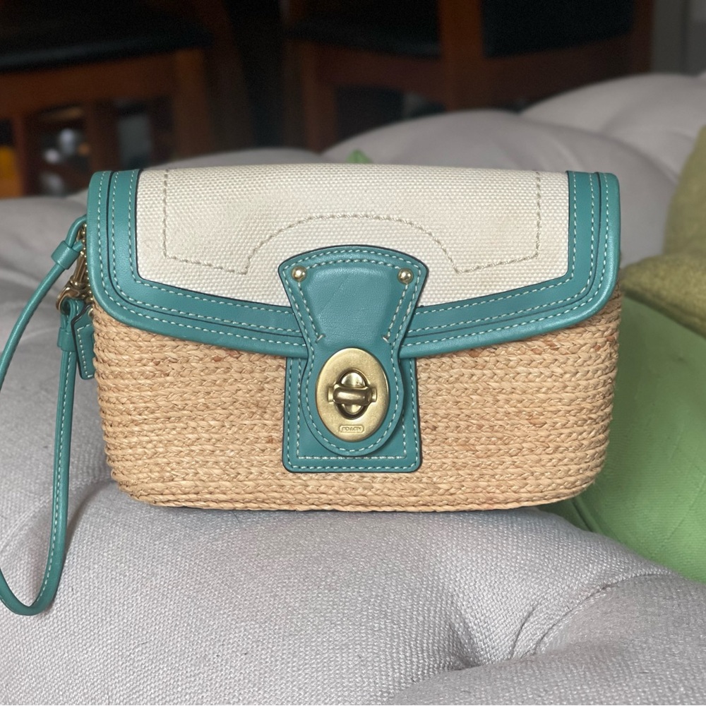 SOLD!  Coach Wicker Leather Mini Wristlet Clutch Bag Summer Straw Green tan